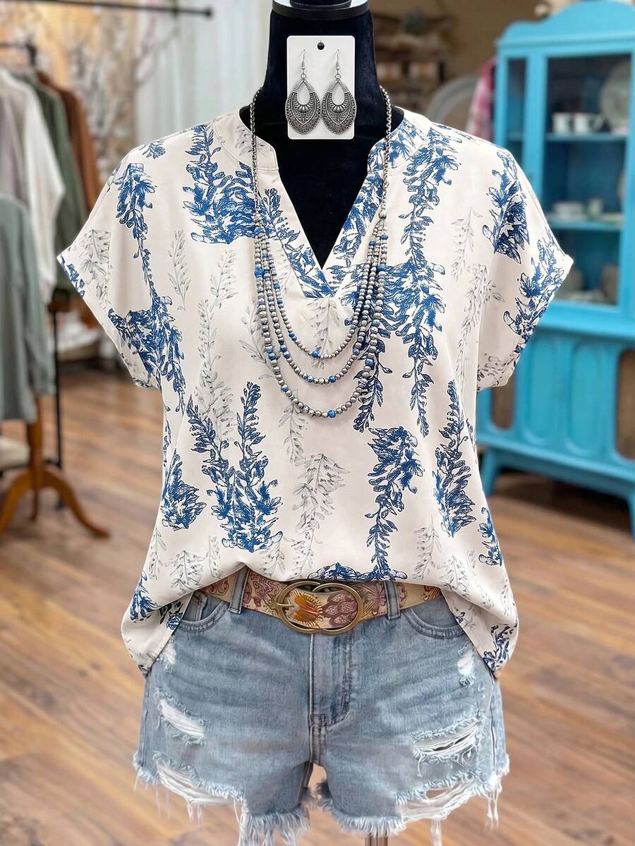 Linhara Plus Size Women Summer Casual Notched Neck Printed Shirt - Multicolor - View 1