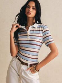 Poéselle 女款拼色條紋印花 Polo 領短袖 T-shirt，夏季 - 彩色 - 查看 5