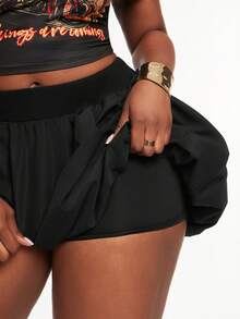 Radiana Plus Size Women's Cherry Pattern Round Neck Slim Fit Tee&Bubble Elastic Waist Mini Skirt,Black,Summer,Casual,Bussines,Night Out Club Western Wear - Black - View 4