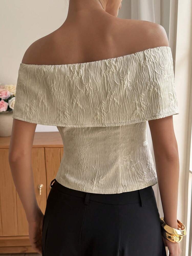 Women's Textured Off-Shoulder Short Sleeve Casual Shirt, Street Style Outfit