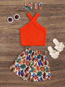 SHEIN 2pcs Baby Girl Knitted Solid Color Casual Top And Ditsy Floral Pants Set Toddler Two Pieces Tropical Outfit Vacation Clothes Orange Hawaiian Outfits - Hot Pink - View 4