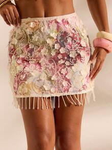 Opulessa Váy ngắn mùa hè dành cho nữ, đính sequin, hạt cườm và tua rua, thích hợp cho kỳ nghỉ biển. - Hồng - Xem 4