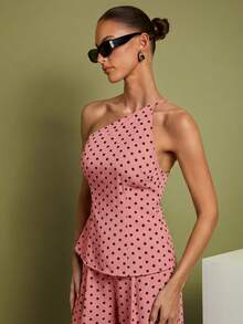 Set de 2 piezas de Top con hombros y pantalones a lunares para mujer, uso casual minimalista de todos los días - Rosa - Ver 4