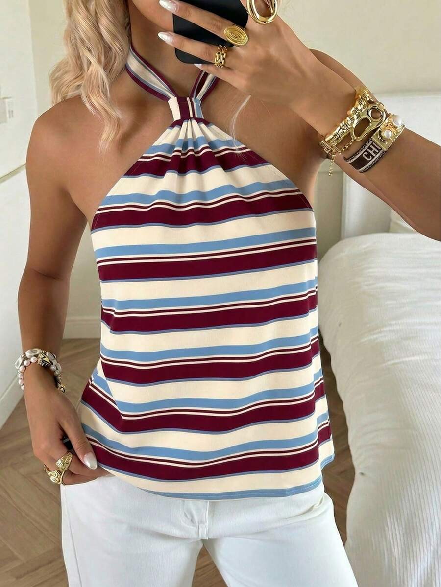 SHEIN EZwear 女款優雅藍白條紋夏季度假無袖上衣,休閒極簡日常百搭酒紅杏色條紋印花上衣 - 彩色 - 查看 1
