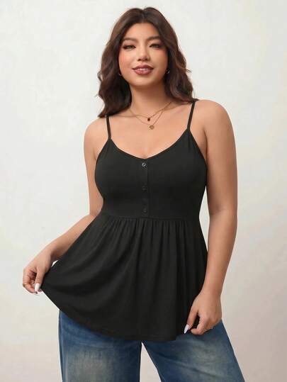 Enliva Regata Preta Casual Versátil de Manga Curta com Cordão na Cintura, Confortável e Elástica, Ideal para Uso Diário, Estilo Minimalista Plus Size, Roupa de Primavera/Outono para Mulheres Plus Size
