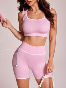 SHEIN Sports Women's Summer Contrast Trim Ribbed Racerback Sports Bra And Shorts Set - Pink - View 1