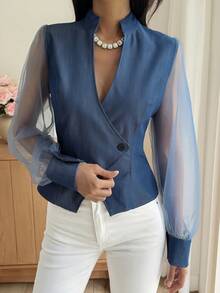 Livesso Áo denim nữ thời trang tay lưới - trắng - Xem 4