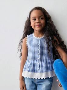 SHEIN X GALILEA Maija Kids Maija Kids 女童夏季休闲格子拼接前扣吊带背心 - 藍白色 - 查看 3