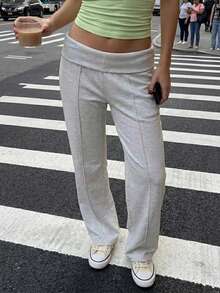 Fluxe Women's Solid Color Elastic Waist Casual Pants Folding Waist Summer Outfits Festival Outfits Festa Junina Beach Outfits Sea Going Out Outfits Women's Gym Clothes Gym Casual Sets Holiday Outfits Vacation Sportswear Workout Sets - Grey - View 4