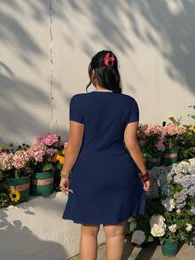GalTyme Plus Size Women's Sexy V-Neck Tie-Front Ruffle Sleeve Fitted Summer Vacation Dress - Navy Blue - View 6