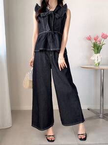 FRIFUL Setelan Atasan Denim Wanita Elegan dengan Kerah Simpul dan Hem Bergelombang serta Celana Jeans Kaki Lebar, Cocok untuk Pakaian Sehari-hari Musim Semi/Panas dan Kantor - Biru - View 10