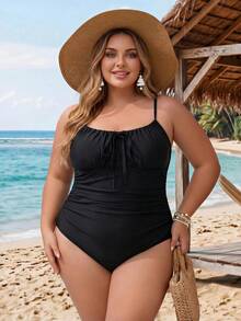 SHEIN CURVE+ Plus Size Solid Color Spaghetti Strap Tie Front One-Piece Swimsuit Beach Vacation White Summer Sexy - Black - View 1