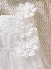 2 piezas Conjunto de vestido elegante para bebé niña recién nacida | Encaje blanco + Falda de tul con decoración floral 3D, estilo dulce y delicado adecuado para fiesta, sesión de fotos, ocasiones festivas, suave y cómodo, artículo de regalo encantador - Blanco - Ver 6