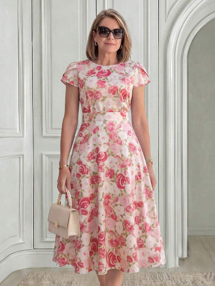 Floral Print Round Neck Short Sleeve Top + A-Line Mini Skirt Set