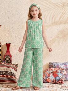 SHEIN Bộ đồ đi nghỉ mát 2 món cho bé gái tuổi teen: áo không tay cổ tròn dáng rộng màu hồng in hoa và quần ống rộng. - Nhiều màu - Xem 1