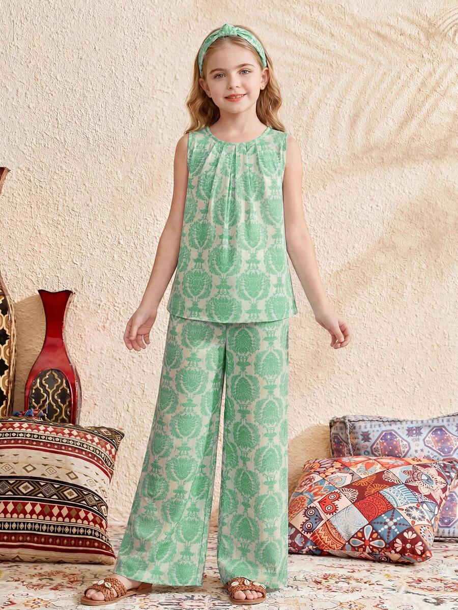 SHEIN Bộ đồ đi nghỉ mát 2 món cho bé gái tuổi teen: áo không tay cổ tròn dáng rộng màu hồng in hoa và quần ống rộng. - Nhiều màu - Xem 1