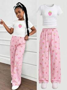 Tween Girls Printed T-Shirt & Leggings 2 Pieces Set, Casual Daily Fashion Versatile Pink Strawberry Pattern, Pink Checkered Strawberry Print - Multicolor - View 4