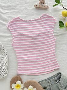 SHEIN Tween Girls Pink And White Striped Knit Textured T-Shirt,Summer Casual Ruched Bust Sweet Preppy Style Top,Y2K Fashion Back To School Holiday Wear - Pink - View 2