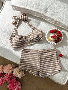 Swim Mod Conjunto de traje de baño halter a rayas rosas lindo para mujer - Marrón - Ver 3