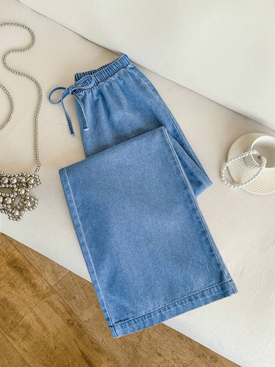 SHEIN Quần jean ống rộng thắt eo - Màu xanh lam - Xem 1