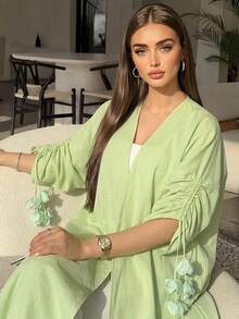 Yasmyna Mint Green Pleated 3/4 Sleeve Floral Decor Women's Abaya - Green - View 4