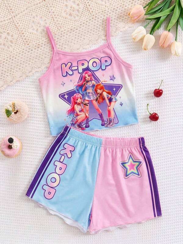 SHEIN Random 8 PC Sent 2 PC Kids Young Girls Fashionally Cool And Colorful K-Pop Girls' Group Lettered Star Style Printed Clothes,Colorful Characters 2 Pieces Set Cream Pink Korean Wave Fan Gift Music Fashionable Girls