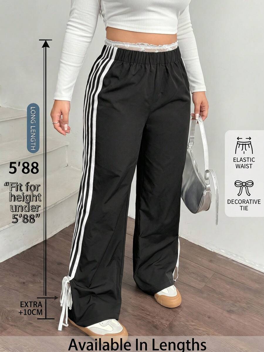 SHEIN Tall CURVE 大码女式休闲运动日常通勤弹力腰撞色条纹侧边宽松阔腿裤 - 黑色 - 查看 1