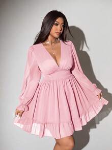 Viva Relle Plus Size Women Fashion Ruched Waist Ruched Hem Dress Fall - Baby Pink - View 3