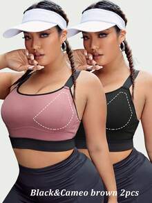 SHEIN Rhythm Era 加大码撞色包边交叉后背运动文胸，内置胸垫，不可拆卸胸垫，高支撑背心式设计，适合健身、瑜伽、跑步等运动，黑色，适合中国新年穿着 - 彩色 - 查看 2