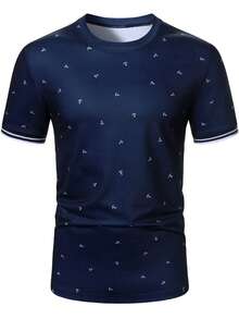 Manfinity Homme Men's Printed Casual Short Sleeve T-Shirt, Fashionable Street Hip-Hop Style - Navy Blue - View 5