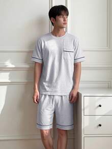 Napfluff Men's Knit Crew Neck Short Sleeve Shorts Pajama Set With Contrast Trim - Light Grey - View 7