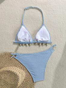 Kids Teen Girls White Spaghetti Strap Beige Textured Shell Decor Bikini Set, Summer Beach Party Vacation Backless Spaghetti Strap Triangle Swimsuit Set, Beach Swimwear Summer, Summer Beach, Holiday - Blue - View 2