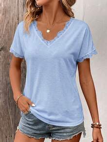 EMERY ROSE Women's Spring/Summer New Lace Trim V-Neck Short Sleeve T-Shirt - Blue - View 4