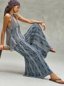 Bohemela Vintage Mixed Yarn Knitted Sweater & Pants Set - Blue and White - View 5
