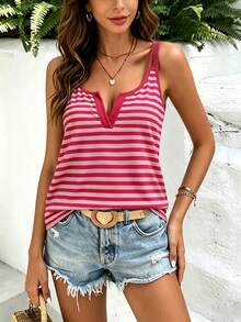 EMERY ROSE Plus Size Summer Casual Colorblock Striped Notched Neck Tank Top - Multicolor - View 4