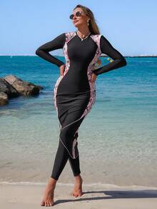 Swim Mulvari 2026 Frühling/Sommer Neu Rosa Palmenblatt Muster Schwarz Patchwork Eleganter Urlaubs Strand lässig Damen Burkini - Verschiedenfarbig - Übersicht 4