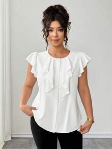 SHEIN Clasi Plus Size Women's Elegant Brown Round Neck Ruffle Top, Casual Summer Top, Versatile Work Gym Daily Wear - White - View 6