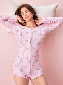 Bonmuse 1件女款V領蝴蝶印花連身褲夏季居家休閒服 - 粉色 - 查看 2