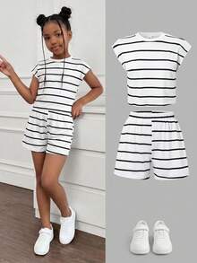 SHEIN 2pcs Tween Girls' Fashionable Striped Round Neck Short Sleeve Top And Shorts Set, Suitable For Outdoor, Playing, And Casual Outings In Summer - Multicolor - View 5