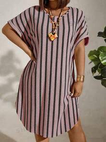 Linhara CURVE Plus Size Women's Knitted Jacquard Contrast Stripe Round Neck Short Sleeve Pullover Dress,Dusty Pink,Summer,Boho,Vacation,Holiday,Mid-Length - Pink - View 4