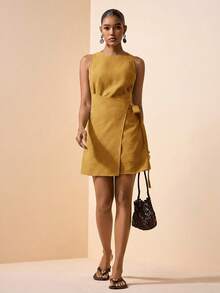 xheZivah Nuevo vestido mini de mujer de lino marrón de cuello redondo sin mangas con envoltorio para primavera/verano 2026. Adecuado para uso diario, vacaciones, estilo bohemio, playa, fiesta, invitado de boda, atuendo de aeropuerto, brunch, viajes, vacaciones, té de la tarde y compras.xhe - Mostaza Amarilla - Ver 8