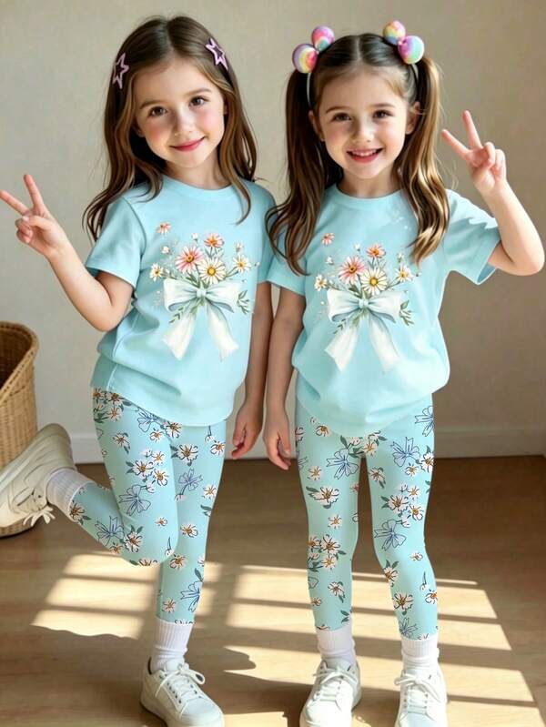 Girls' Casual Ditsy Floral Bow Decor T-Shirt And Pants Set, Suitable For Spring/Summer Wear, Sweet And Cute, Suitable For Outdoor Activities, Photography, Back To School, Sports, Festivals, Gifts And Other Occasions