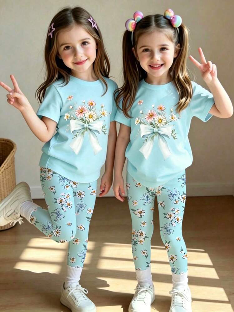 Bộ áo thun và quần dài họa tiết hoa nhí dễ thương cho bé gái, thích hợp mặc vào mùa xuân/hè, ngọt ngào và đáng yêu, phù hợp cho các hoạt động ngoài trời, chụp ảnh, đi học, thể thao, lễ hội, làm quà tặng và các dịp khác. - Nhiều màu - Xem 1