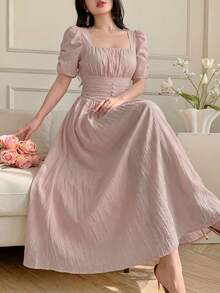 Celisse Women's Elegant Ruched Petal Sleeve Square Neck Solid Color Waist Cinched Dress, Summer Party Dusty Pink - Pink - View 3