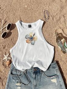 SHEIN Essnce 休閒極簡圓領修身女款背心，適合夏季 - 白色 - 查看 6