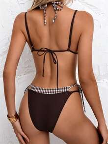 Swim Basics 女款兩件式比基尼套裝，2合1設計細肩帶，格紋與純色拼接，休閒舒適度假泳裝 - 彩色 - 查看 2