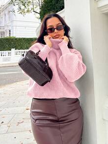NegzBox Solid Color Drop Shoulder Long Sleeve Ribbed Turtleneck Casual Knit Pullover Sweater Pink - Pink - View 4