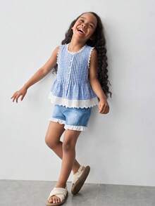 SHEIN X GALILEA Maija Kids Maija Kids 女童夏季休闲格子拼接前扣吊带背心 - 藍白色 - 查看 7