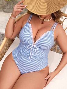 Swim Chiccia Bộ đồ bơi liền thân cỡ lớn mới năm 2026 dành cho nữ, họa tiết sọc ngẫu nhiên, kiểu dáng thanh lịch, có bèo nhún, thích hợp cho mùa hè. - Màu xanh lam - Xem 3