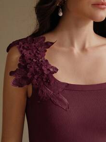Anewsta Fashionable Fitted Embroidered Seamless Ribbed Tank Top - Burgundy - View 1